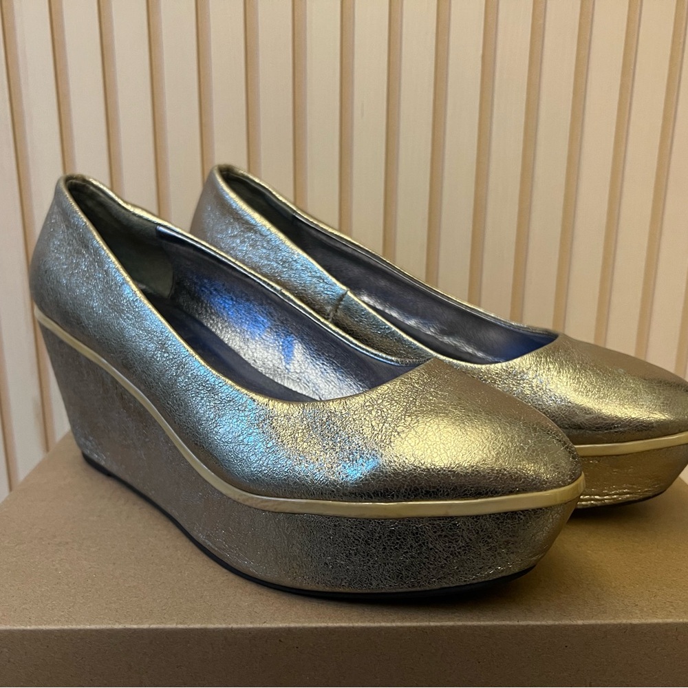 Pilcro and the Letterpress Metallic Gold Wedge Pumps